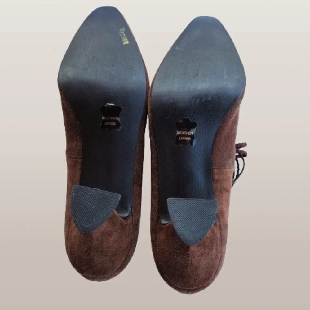 Vertan Brown Leather Suede Criss-Cross Elastic Strap Pumps -  Size 8M